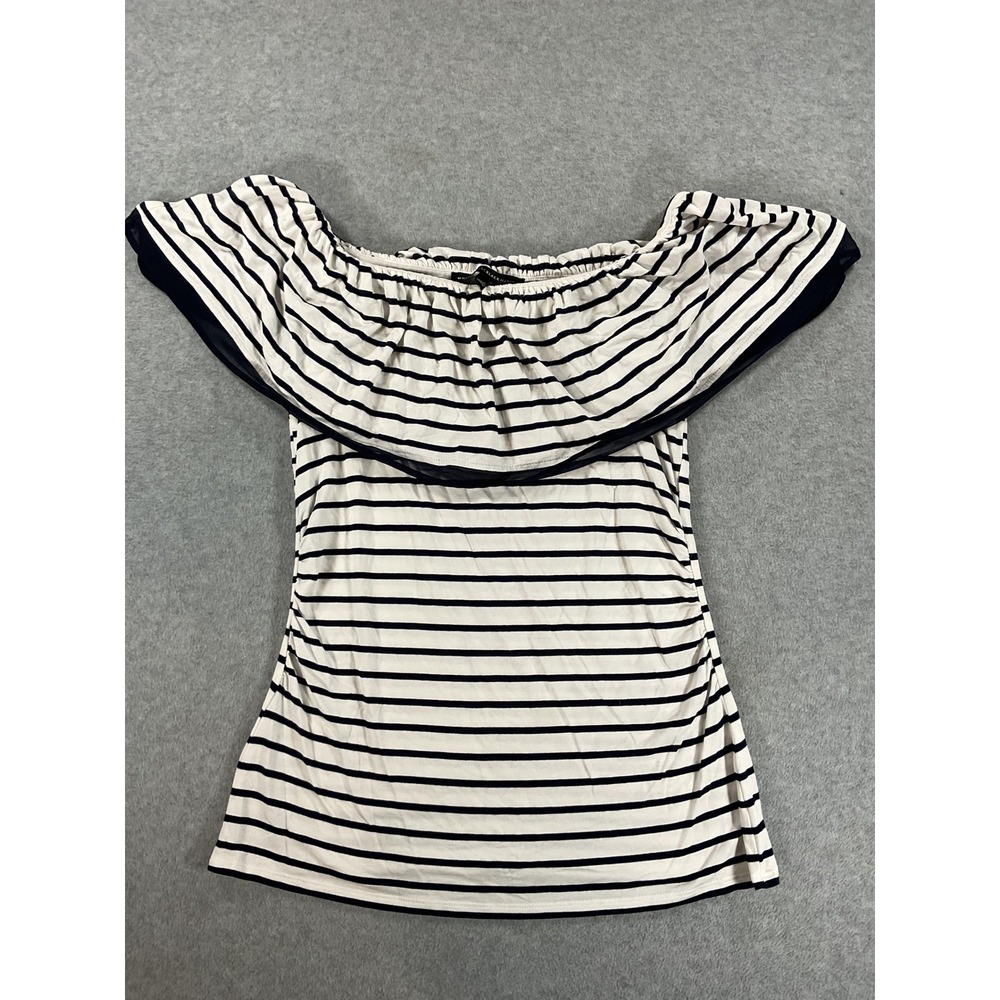 White House Black Market Navy White Striped Off Shoulder Ruffle Top Small 2850